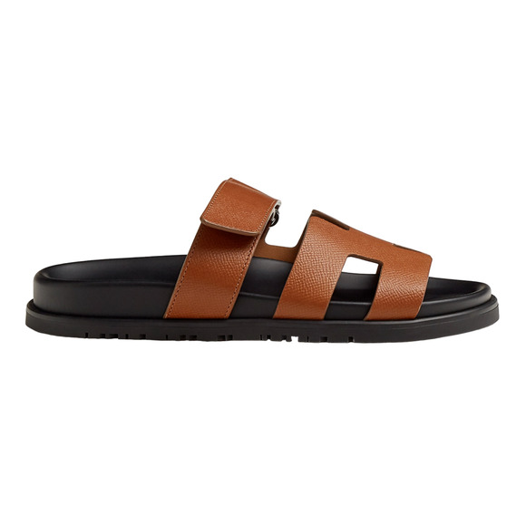 Hermes Chypre Sandal Natural Brown Gold Black H Logo Slide Slip On Flat 37.5 - Picture 1 of 12